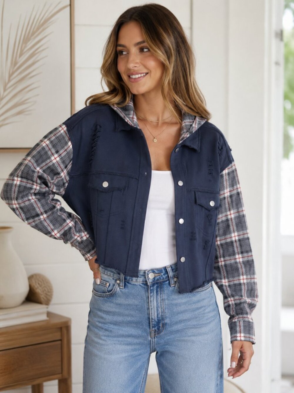 Dance & Marvel Cropped Shacket Small Hooded Flannel Jacket Distressed